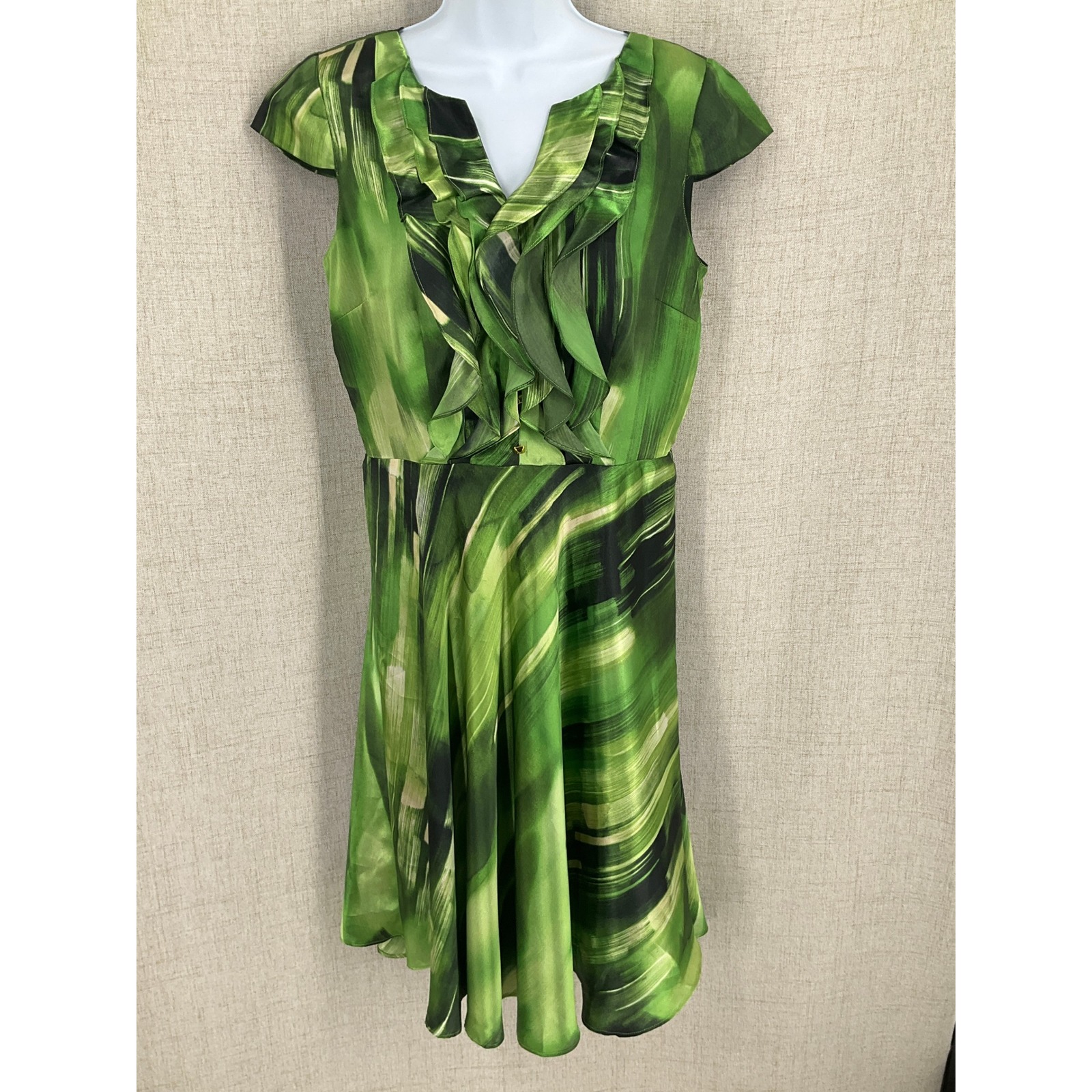 Alex Marie Dress Women 6 Green Abstract Ruffle Studded Fit Flare Wedding Guest